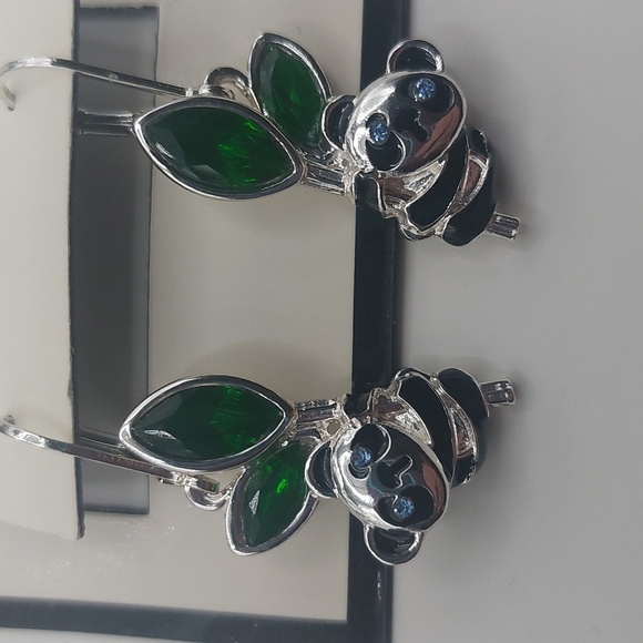 Napier Silver Tone Simulated Crystal Enamel Panda Earrings - Picture 12 of 14